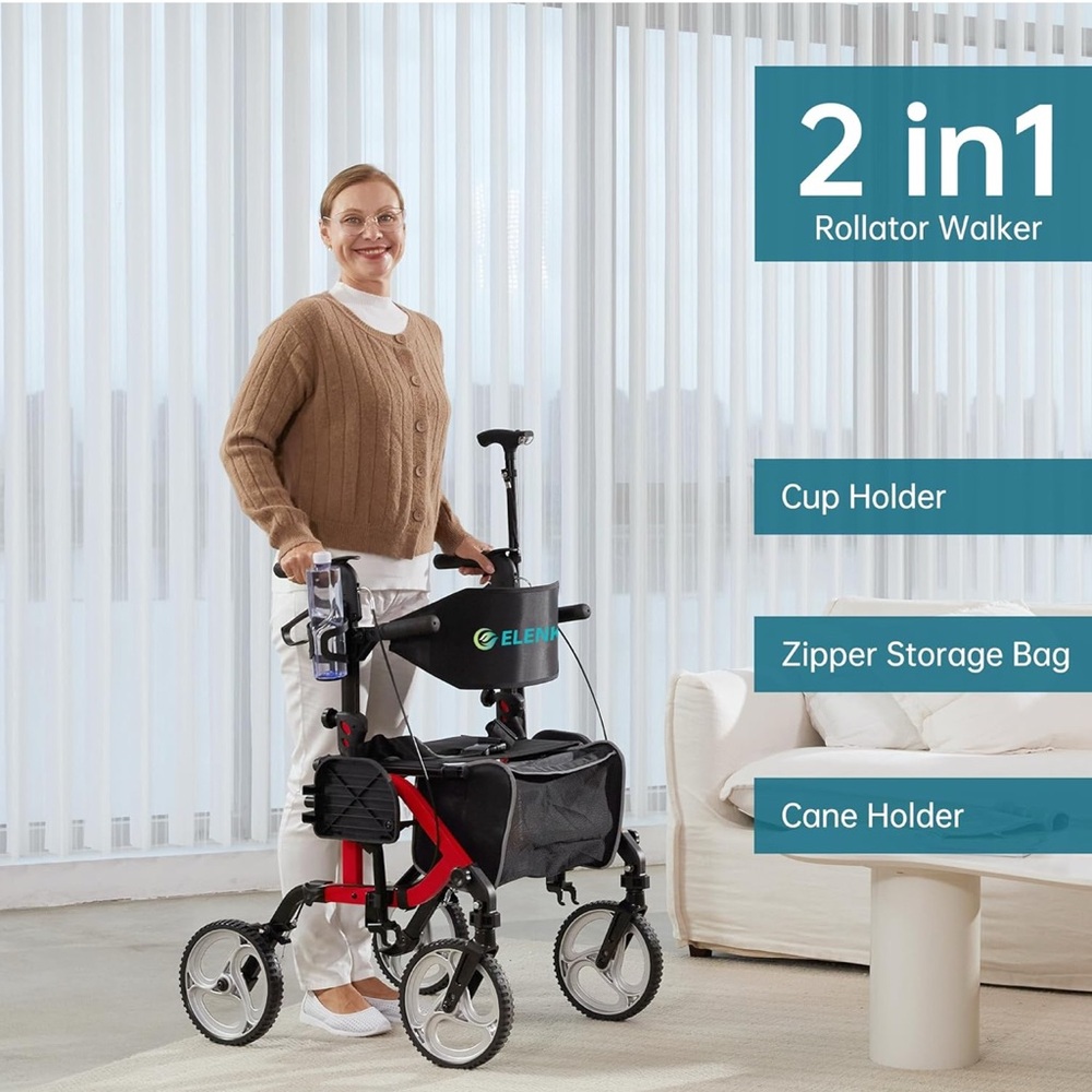 ELENKER 2 in 1 Rollator Walker & Transport Chair, Folding Wheelchair